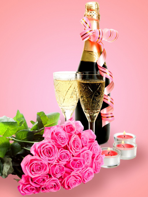 Обои Clipart Roses Bouquet and Champagne 480x640