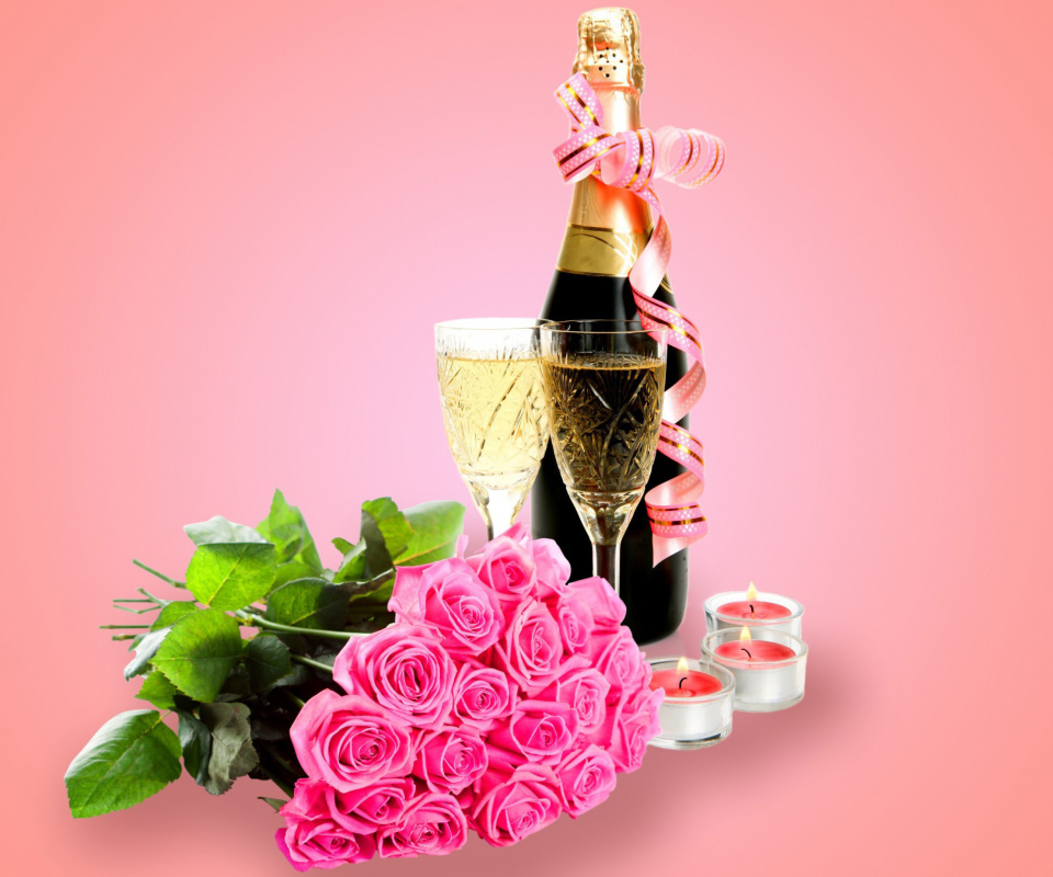 Fondo de pantalla Clipart Roses Bouquet and Champagne 960x800