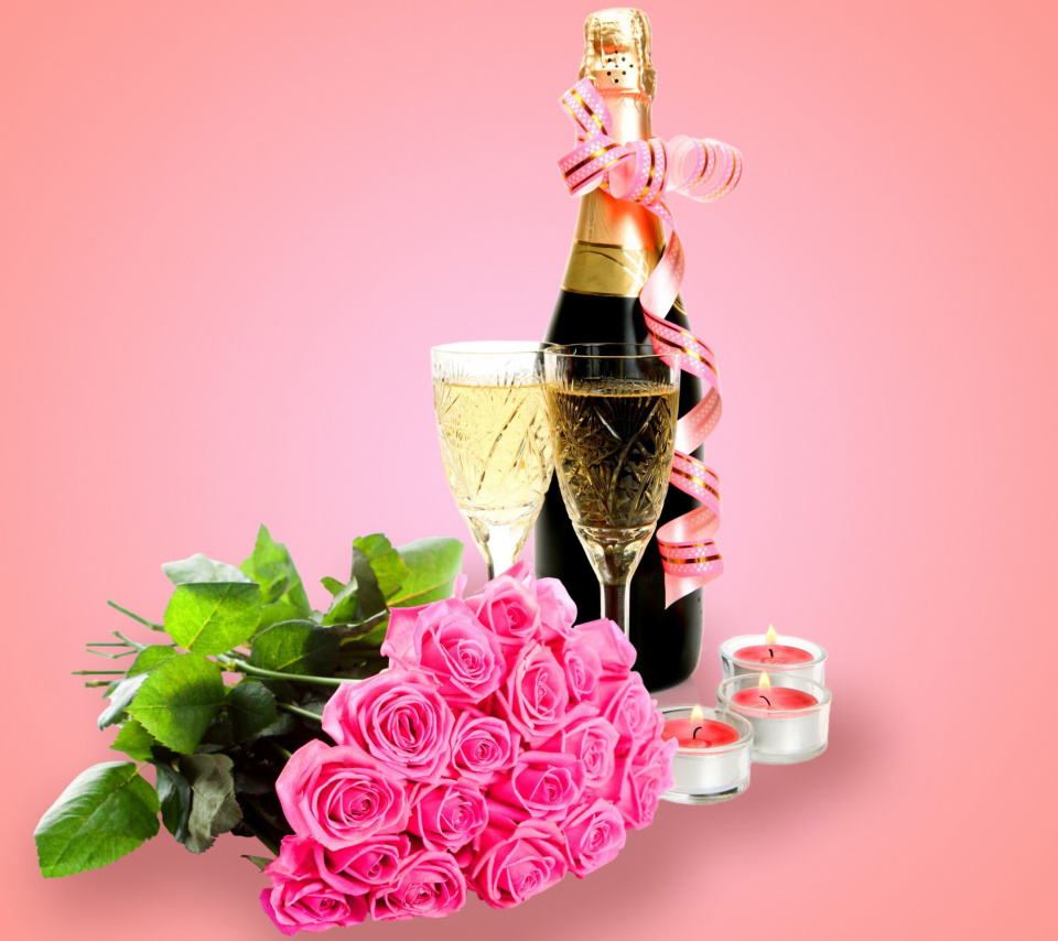 Das Clipart Roses Bouquet and Champagne Wallpaper 960x854