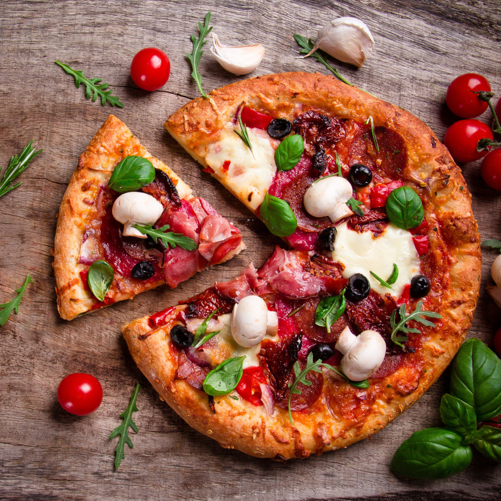 Pizza with mushrooms and olives wallpaper 1024x1024