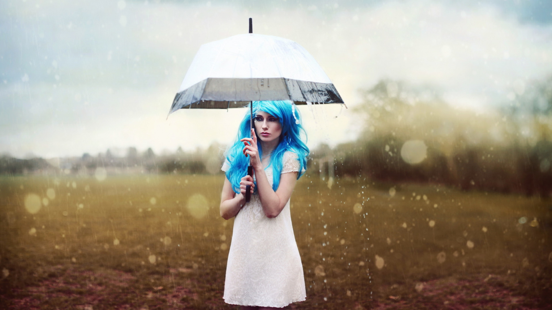 Fondo de pantalla Girl With Blue Hear Under Umbrella 1920x1080