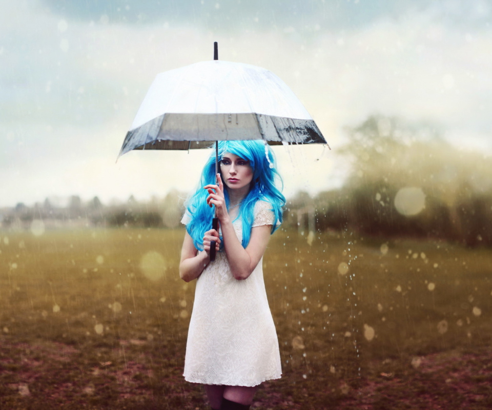 Обои Girl With Blue Hear Under Umbrella 960x800