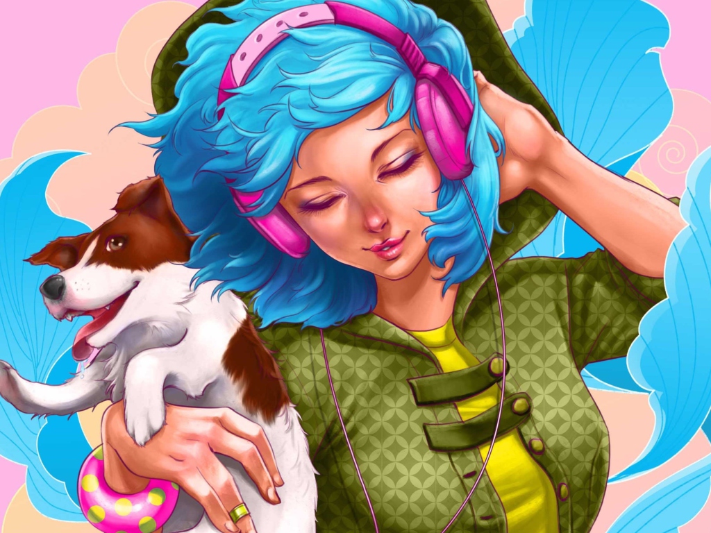 Fondo de pantalla Girl With Blue Hair And Pink Headphones Drawing 1024x768