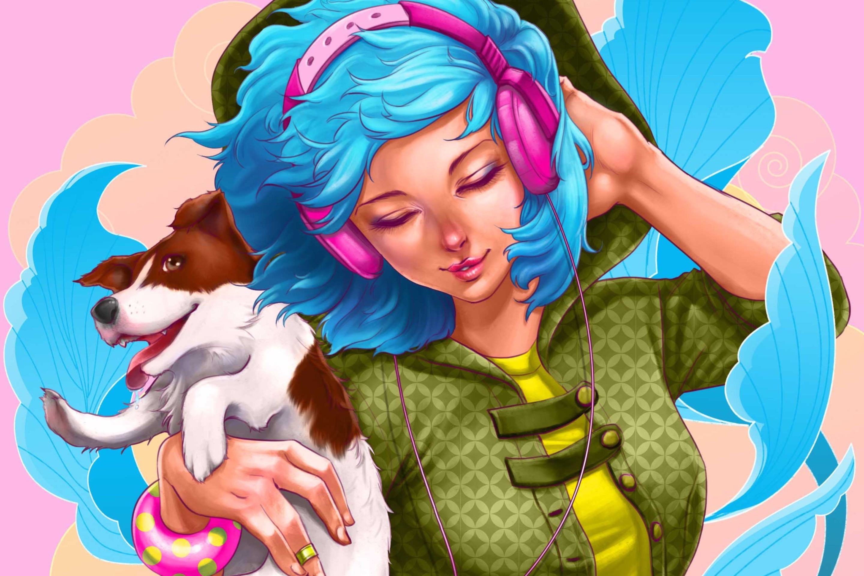 Girl With Blue Hair And Pink Headphones Drawing wallpaper 2880x1920