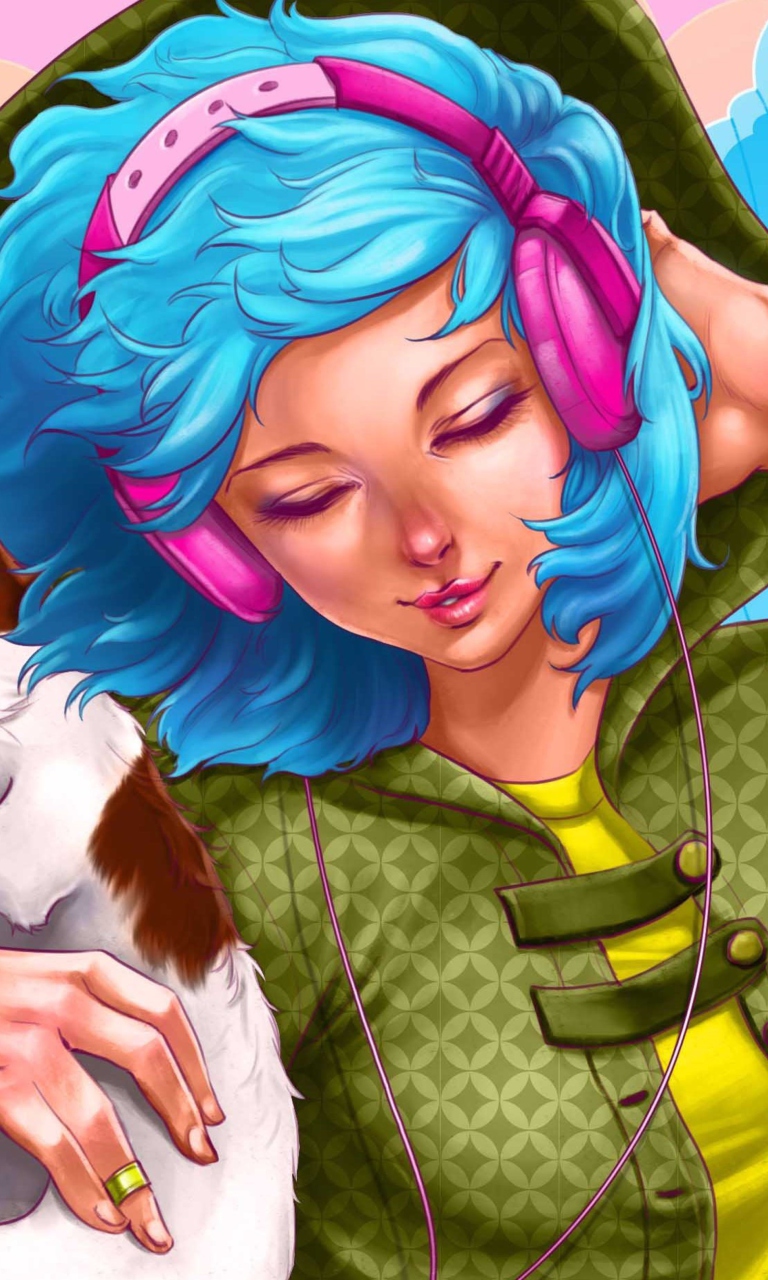 Girl With Blue Hair And Pink Headphones Drawing wallpaper 768x1280