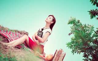 Asian Girl Enjoying Picnic Background for Android, iPhone and iPad