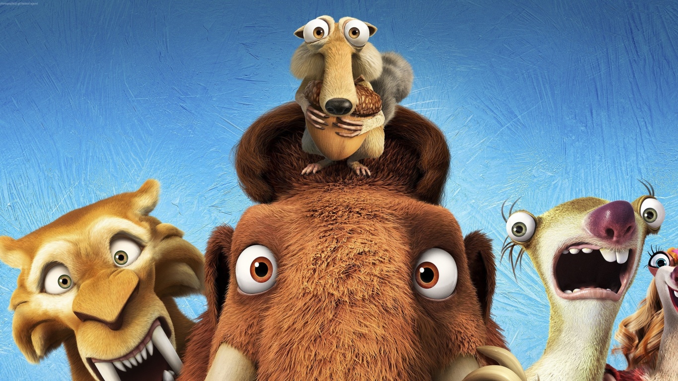 Fondo de pantalla Ice Age 5 Collision Course with Diego, Manny, Scrat, Sid, Mammoths 1366x768