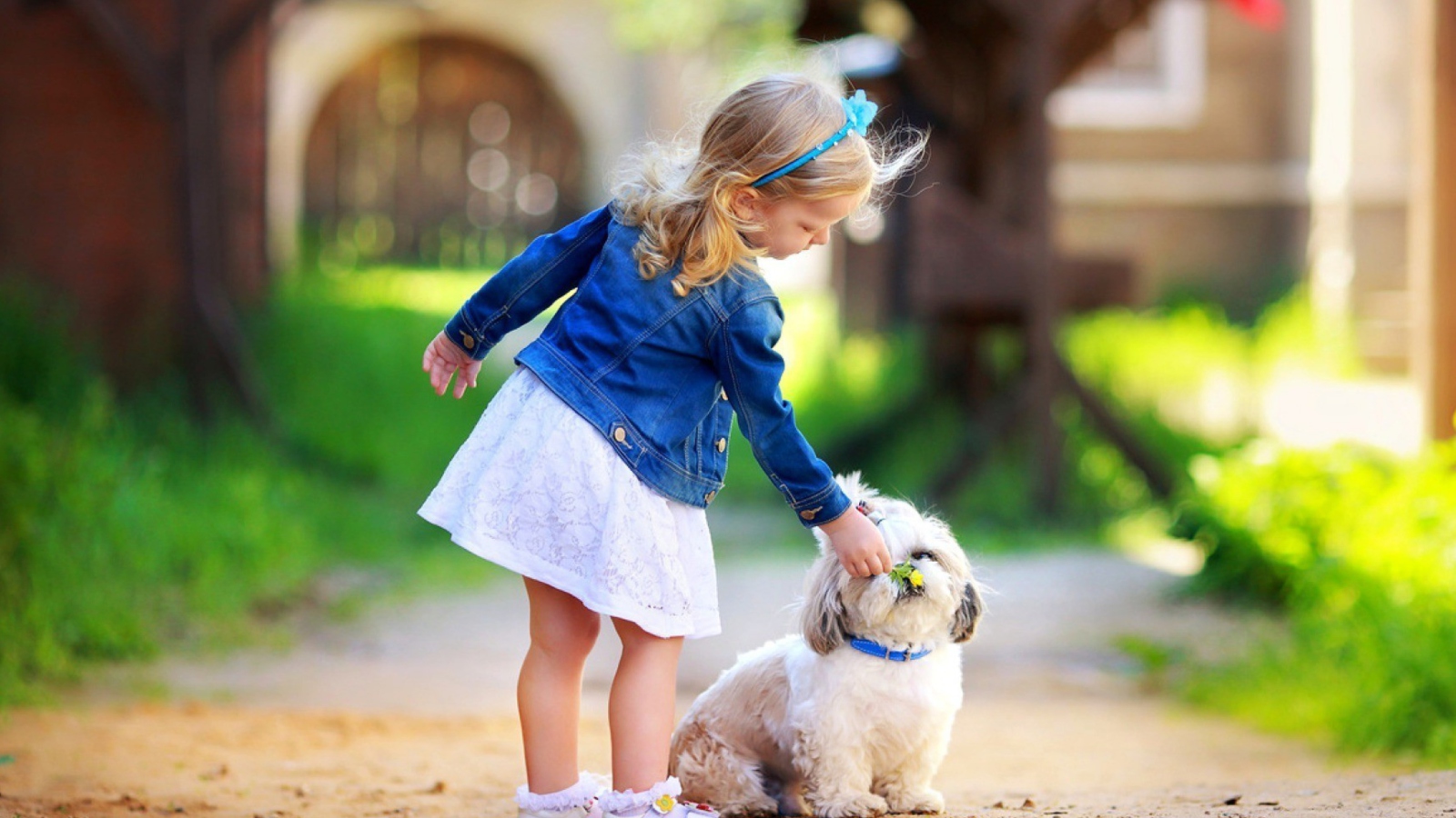 Обои Little Girl With Cute Puppy 1600x900