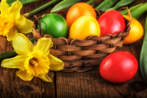 Fondo de pantalla Daffodils and Easter Eggs 480x320