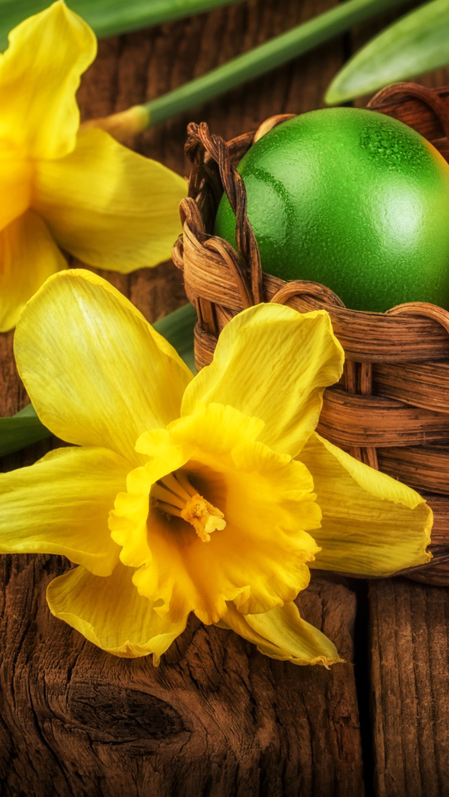 Обои Daffodils and Easter Eggs 640x1136