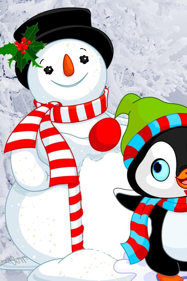 Das Snowman and Penguin Toys Wallpaper 640x960