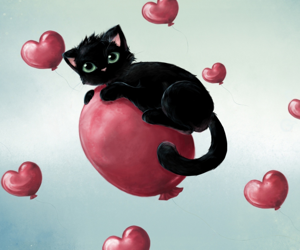 Das Black Cat O Heart Wallpaper 960x800