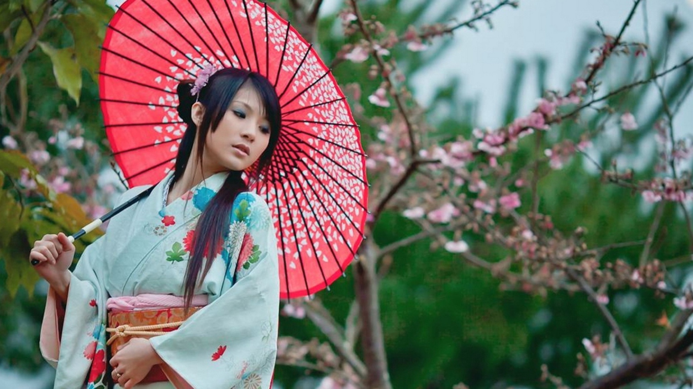 Screenshot №1 pro téma Girl In Kimono And Japanese Umbrella 1366x768