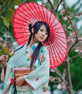 Girl In Kimono And Japanese Umbrella - Obrázkek zdarma pro 240x400