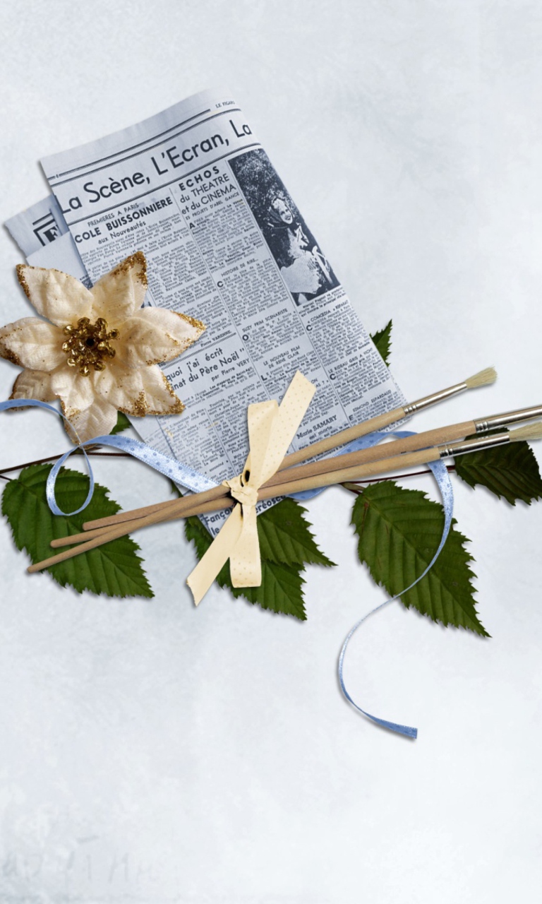 Das Newspaper, Brushes And Flower Wallpaper 768x1280