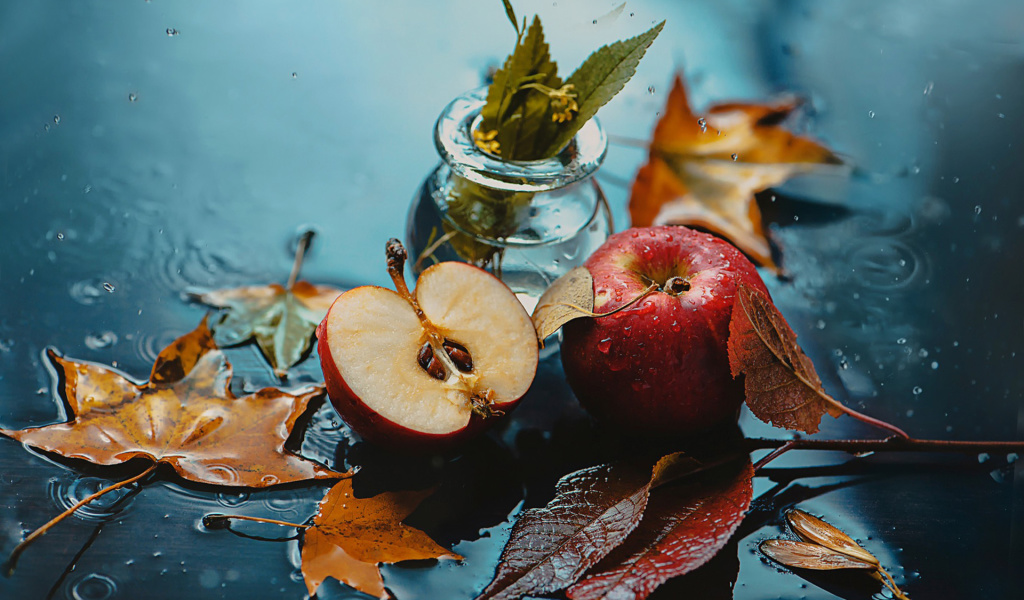 Fondo de pantalla Autumn Red Apple and Leaves 1024x600