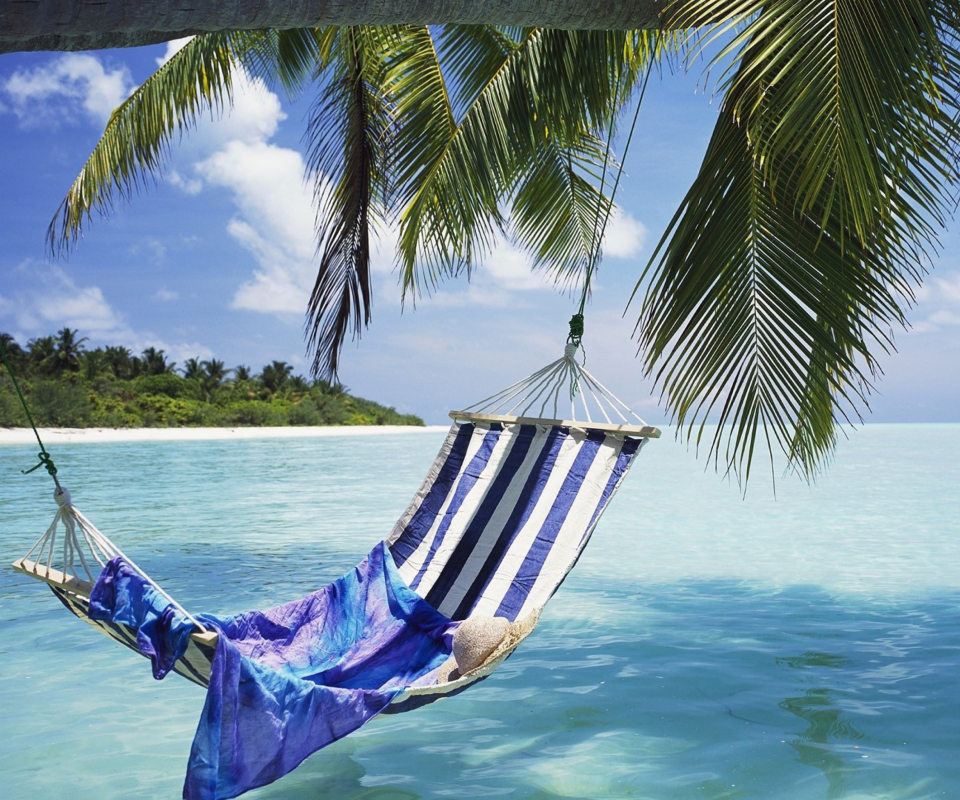 Hammock Under Palm Tree Leaves In Maldives screenshot #1 960x800