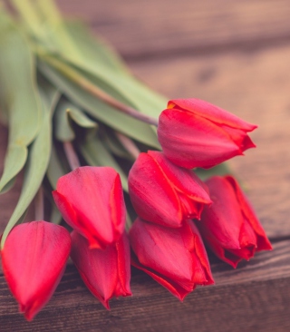 Red Tulip Bouquet On Wooden Bench - Obrázkek zdarma pro 132x176