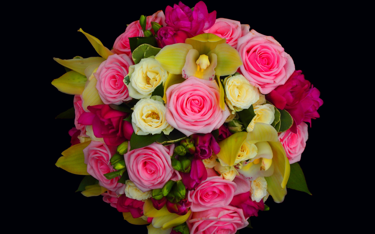Das Bouquet of roses and yellow orchid, floristry Wallpaper 1280x800