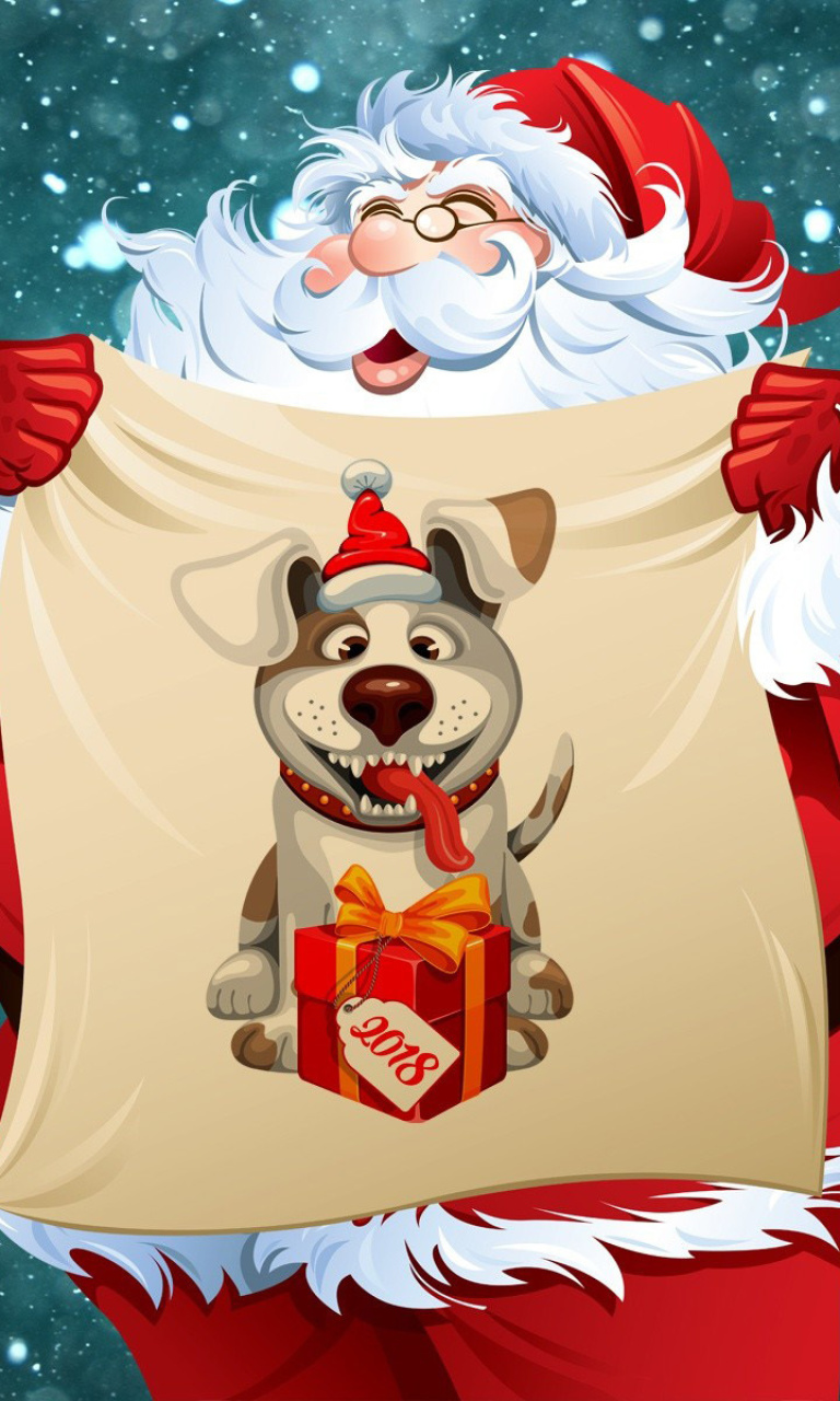 Das Happy New Year 2018 with Dog and Santa Wallpaper 768x1280