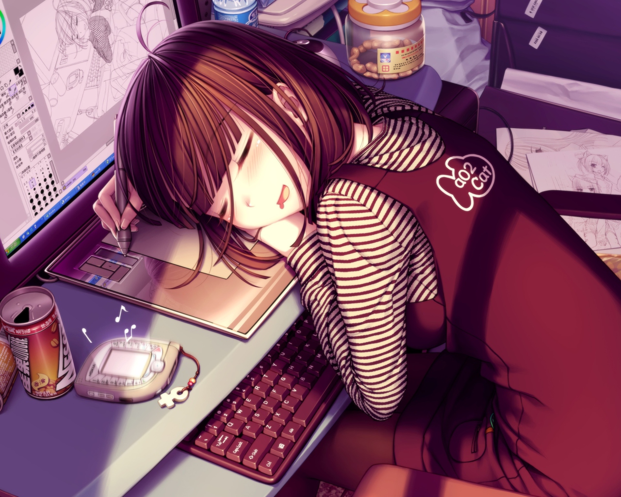 Das Girl Fallen Asleep During Digital Drawing Wallpaper 1280x1024