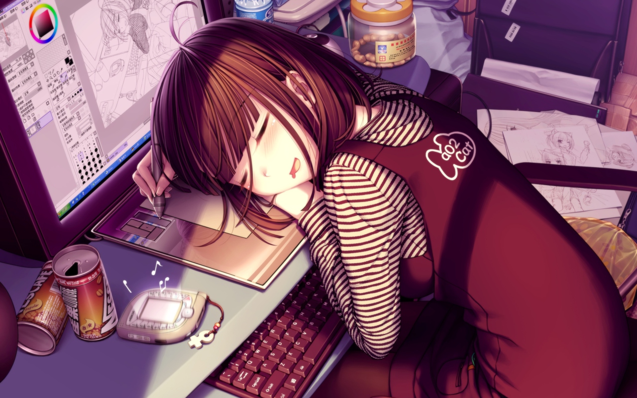 Das Girl Fallen Asleep During Digital Drawing Wallpaper 1280x800