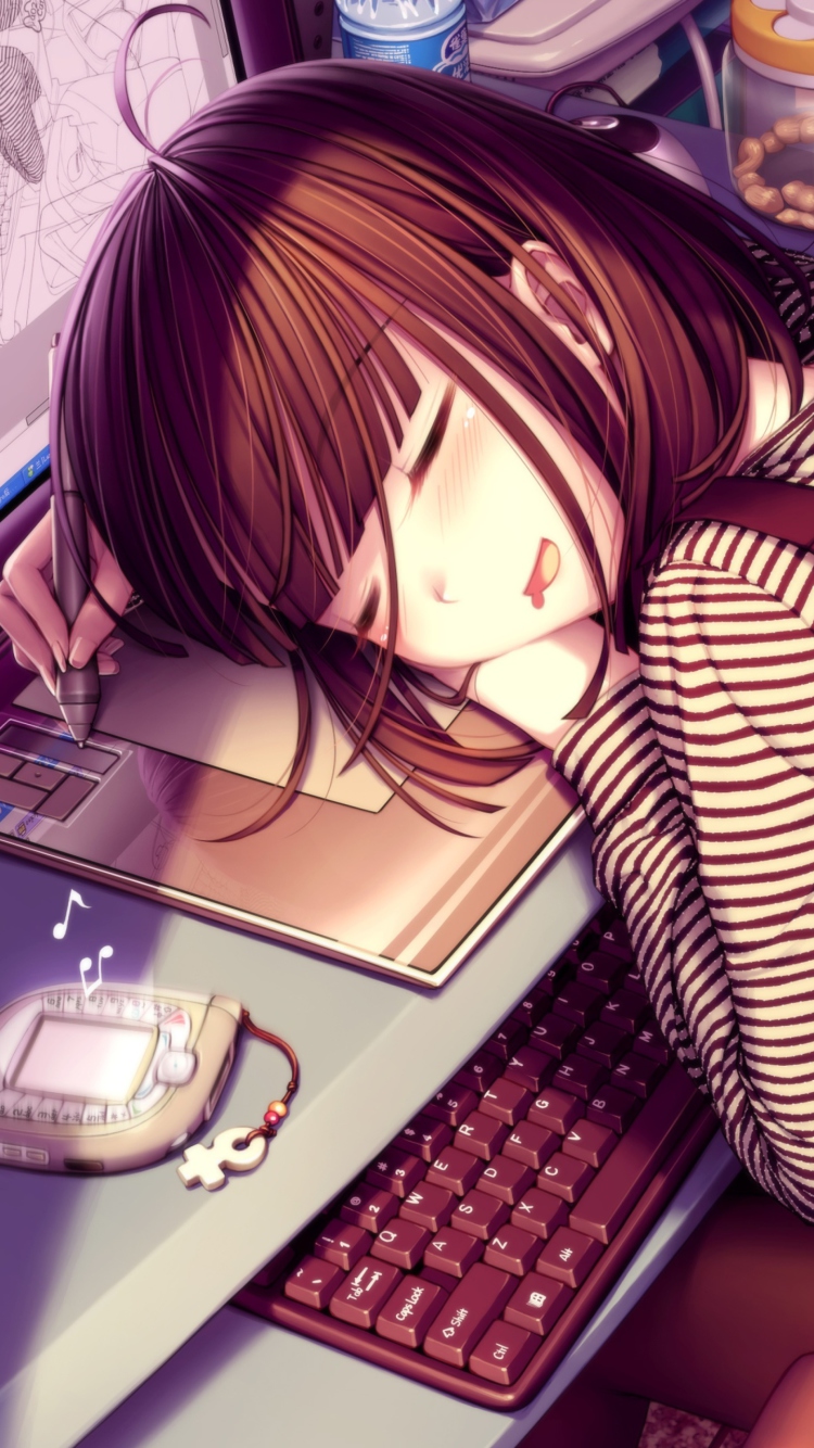Fondo de pantalla Girl Fallen Asleep During Digital Drawing 750x1334