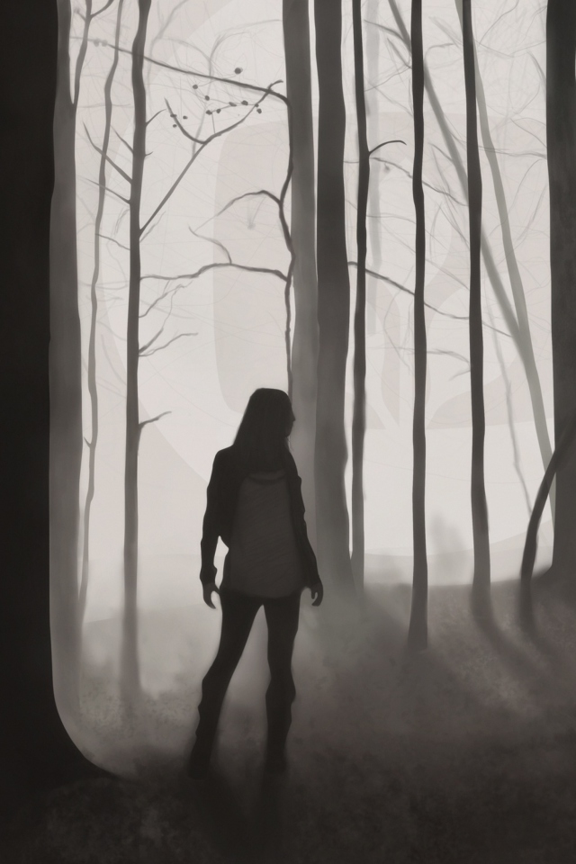 Das Girl In Forest Drawing Wallpaper 640x960