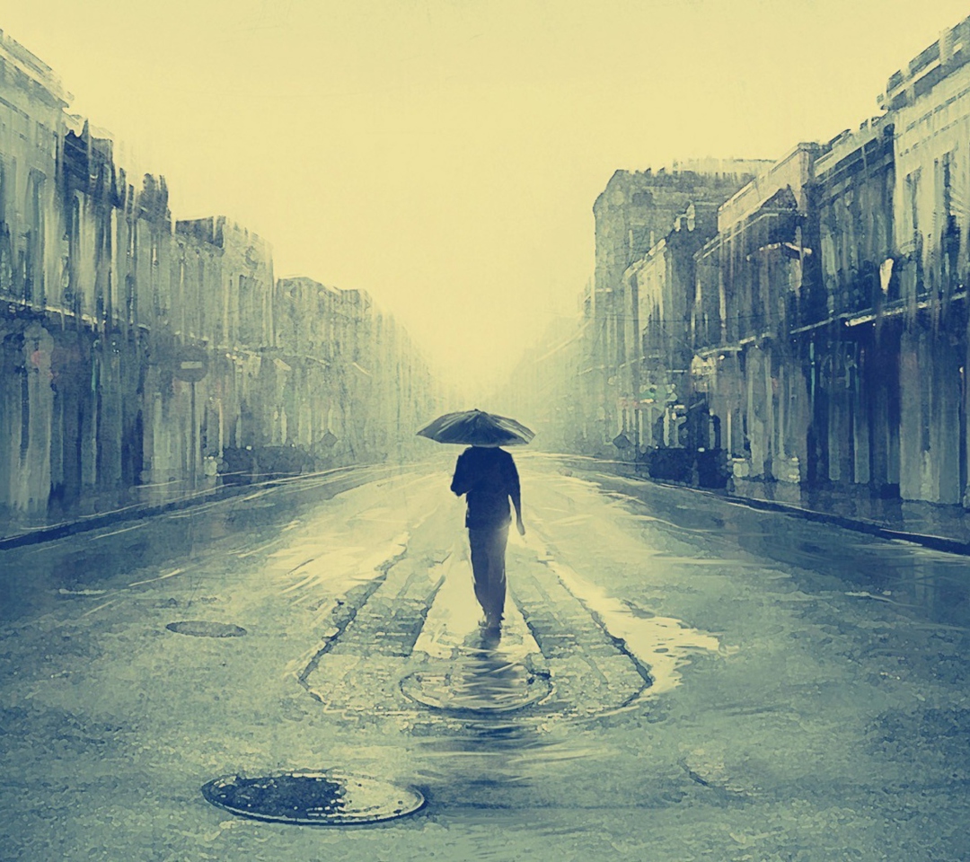 Das Man Under Umbrella On Rainy Street Wallpaper 1080x960