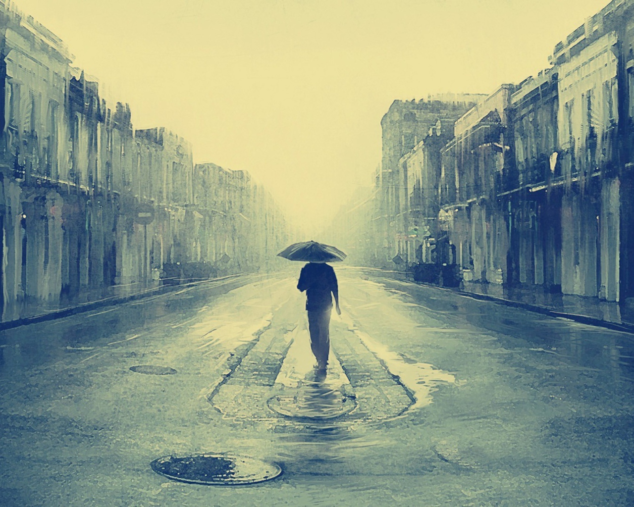Sfondi Man Under Umbrella On Rainy Street 1280x1024