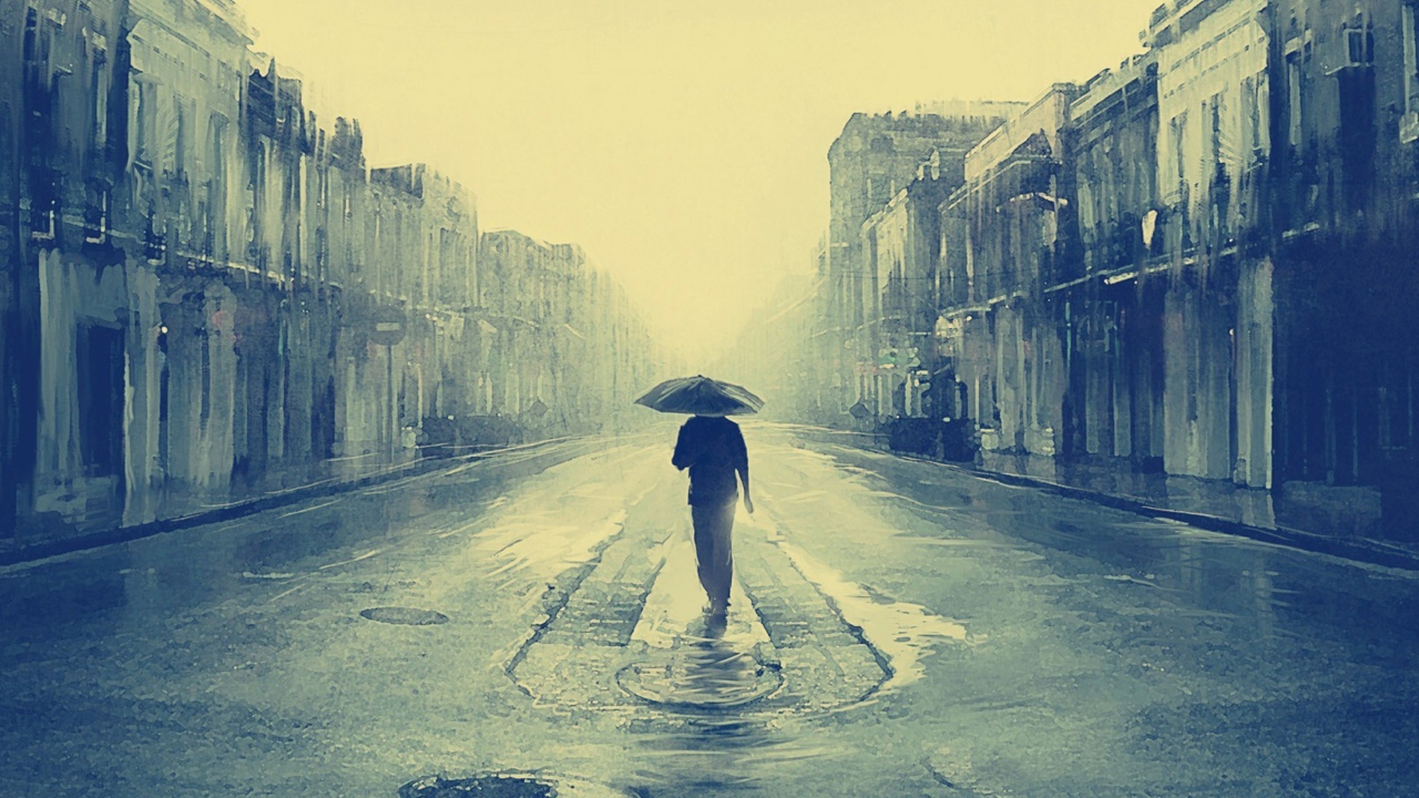 Fondo de pantalla Man Under Umbrella On Rainy Street 1280x720