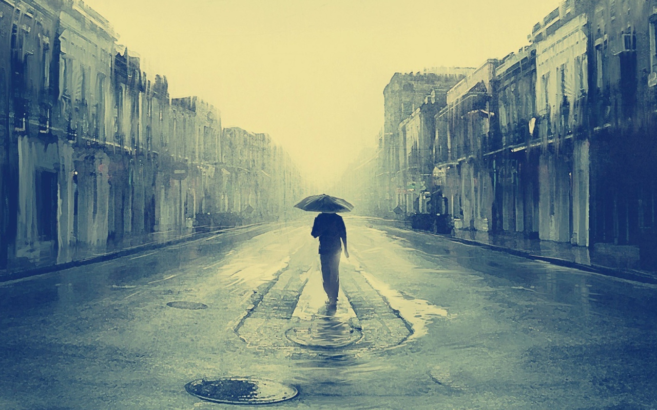 Sfondi Man Under Umbrella On Rainy Street 1280x800