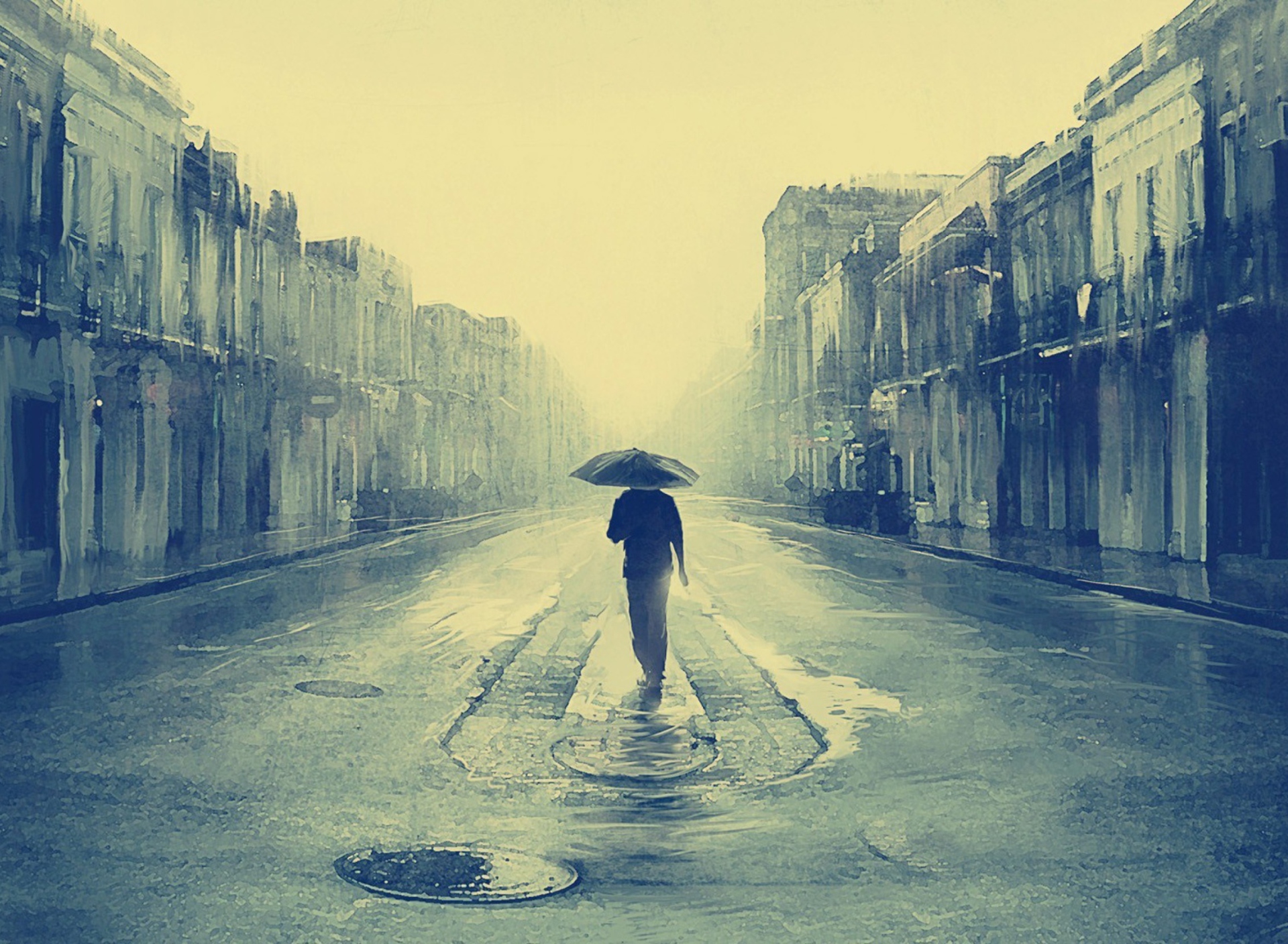 Das Man Under Umbrella On Rainy Street Wallpaper 1920x1408