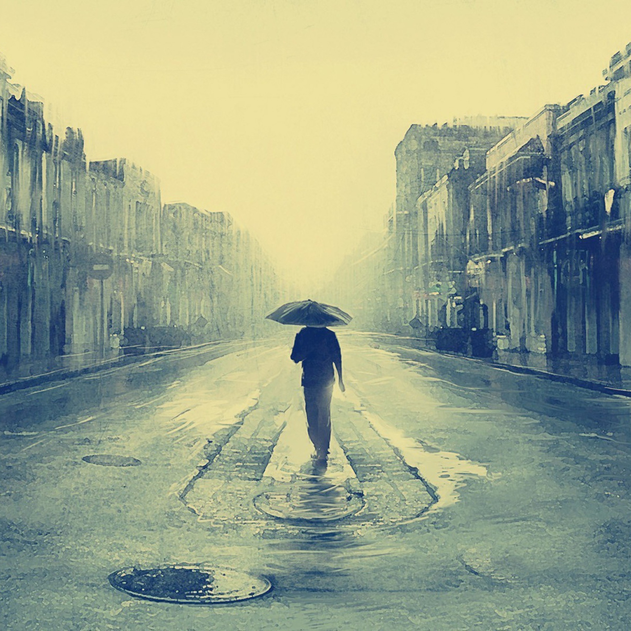 Sfondi Man Under Umbrella On Rainy Street 2048x2048