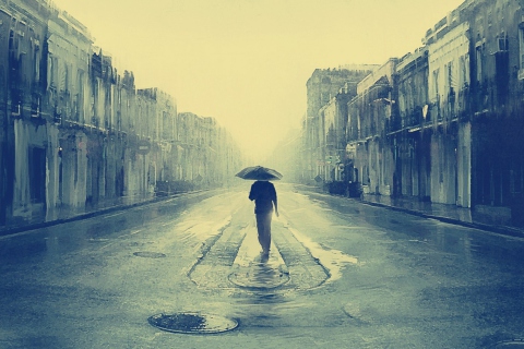 Man Under Umbrella On Rainy Street wallpaper 480x320