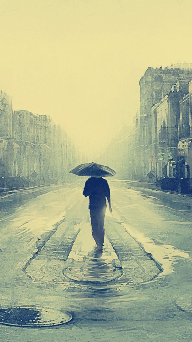 Man Under Umbrella On Rainy Street wallpaper 750x1334