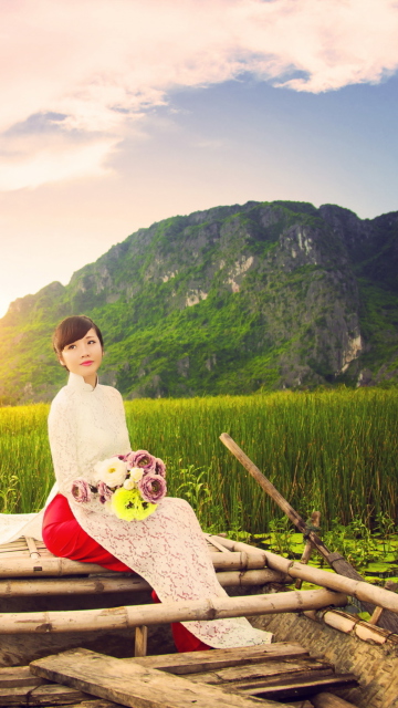 Beautiful Asian Girl With Flowers Bouquet Sitting In Boat wallpaper 360x640