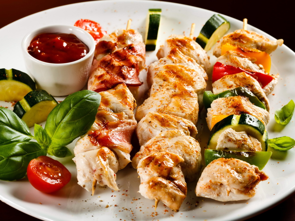 Fondo de pantalla Chicken Skewers as Kebab with Sauce 1152x864