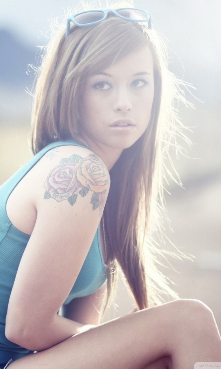Sfondi Beautiful Girl With Long Blonde Hair And Rose Tattoo 768x1280