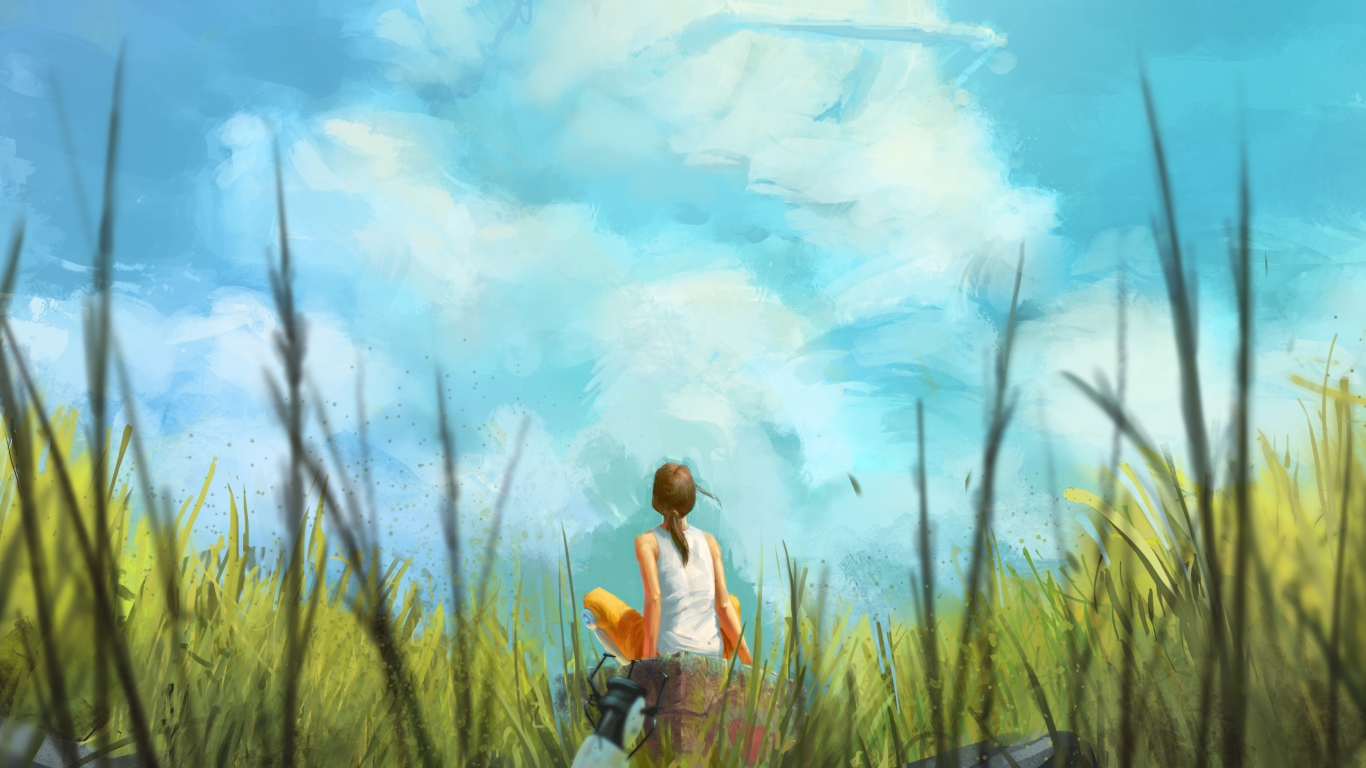 Das Painting Of Girl, Green Field And Blue Sky Wallpaper 1366x768