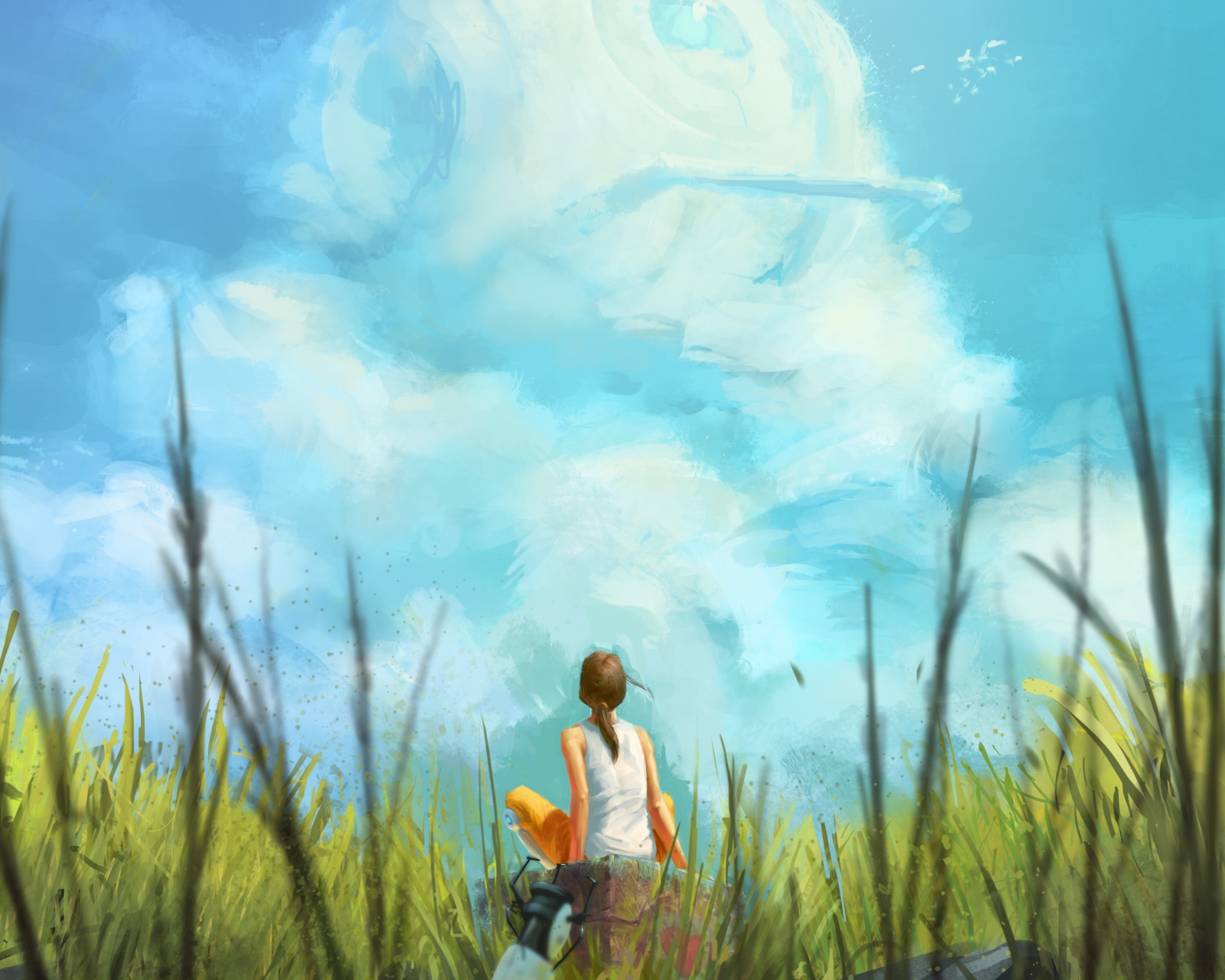 Обои Painting Of Girl, Green Field And Blue Sky 1600x1280