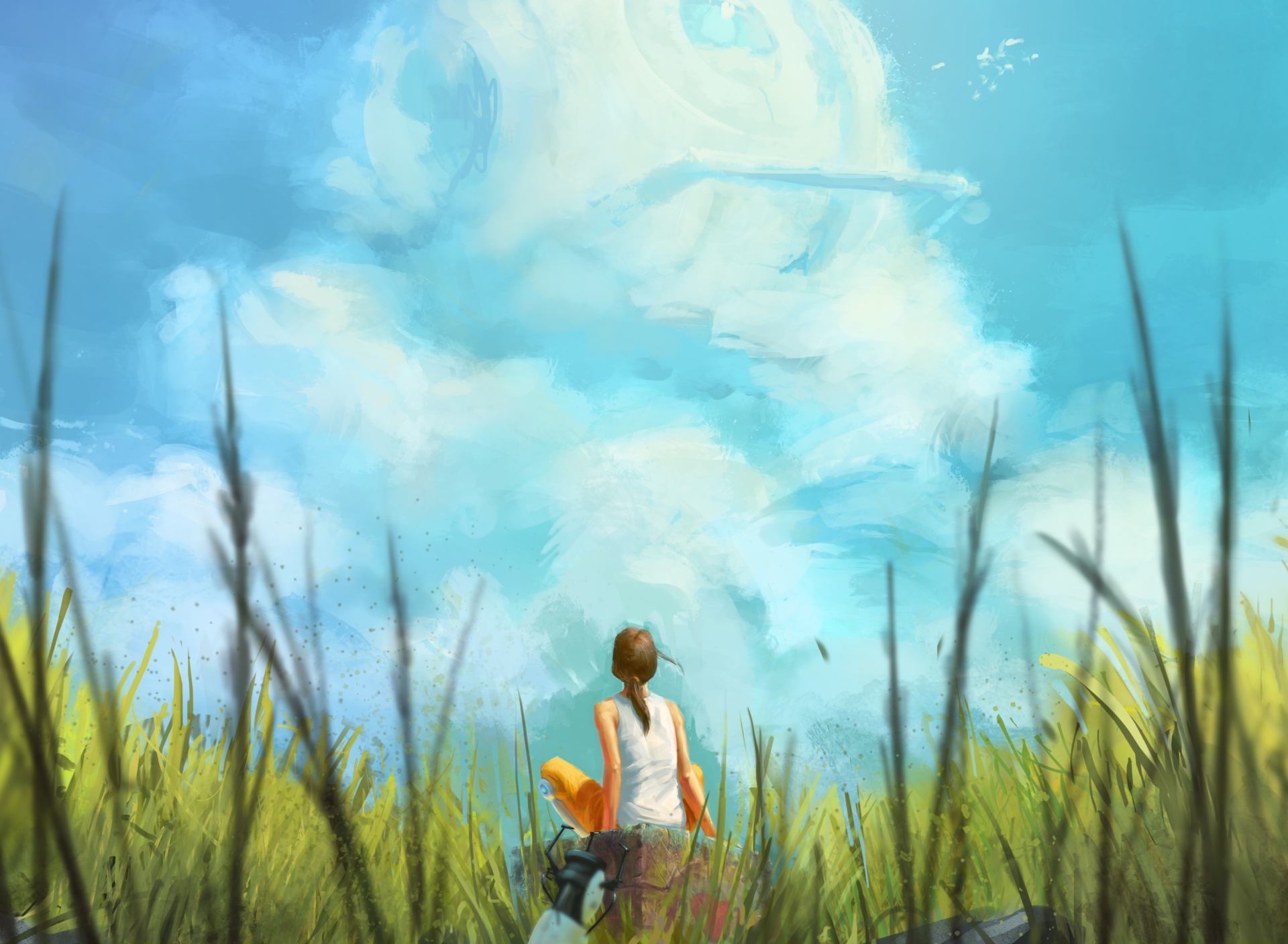 Painting Of Girl, Green Field And Blue Sky screenshot #1 1920x1408