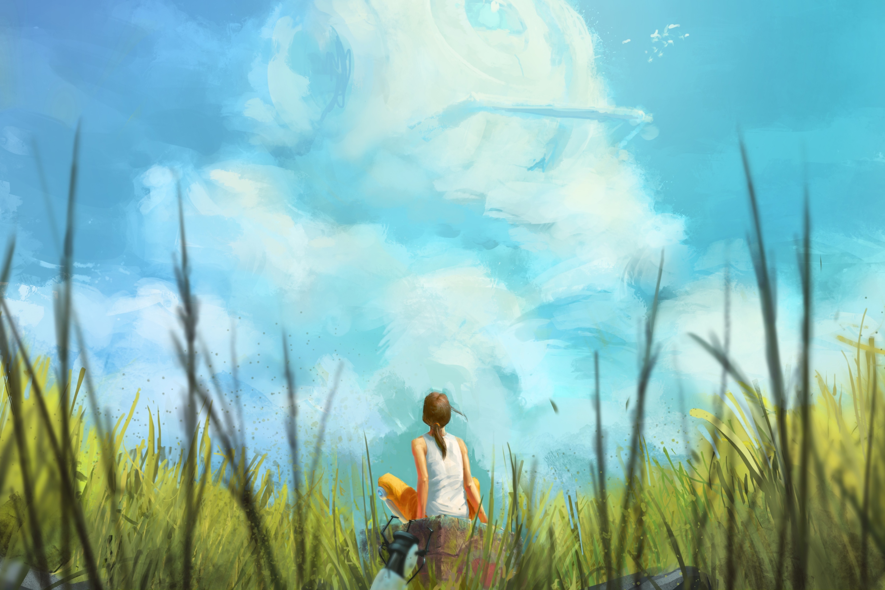 Das Painting Of Girl, Green Field And Blue Sky Wallpaper 2880x1920