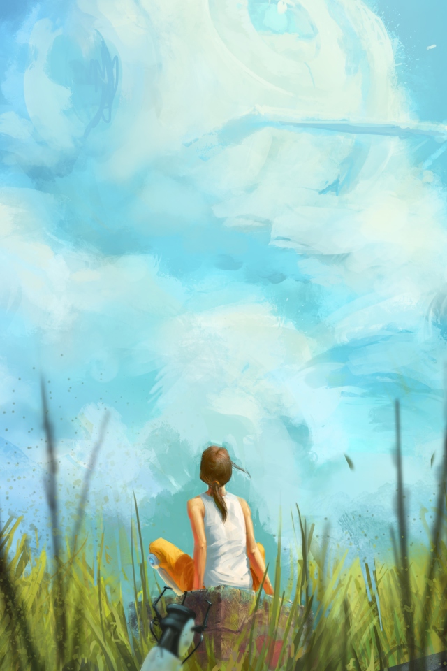 Обои Painting Of Girl, Green Field And Blue Sky 640x960