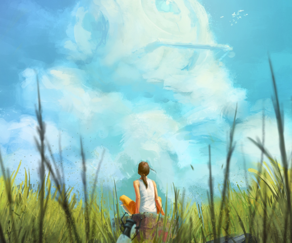 Painting Of Girl, Green Field And Blue Sky screenshot #1 960x800