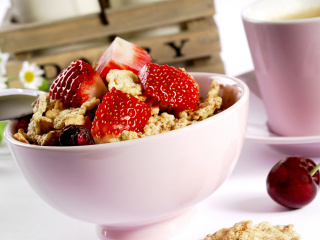 Tasty eco breakfast with muesli wallpaper 320x240