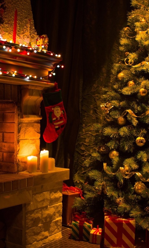 Das Christmas Tree Fireplace Wallpaper 480x800