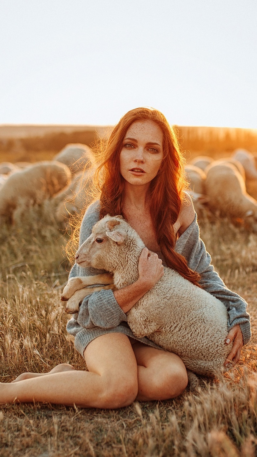 Обои Girl with Sheep 1080x1920