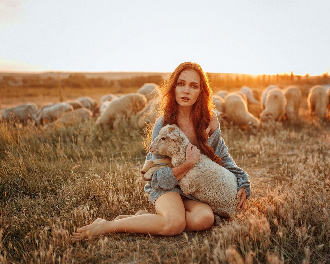 Обои Girl with Sheep 1280x1024