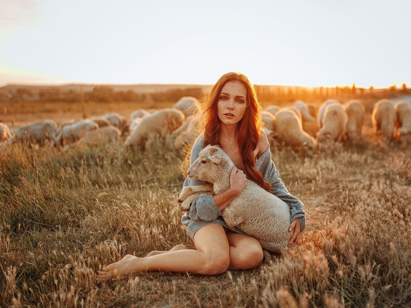 Das Girl with Sheep Wallpaper 1400x1050